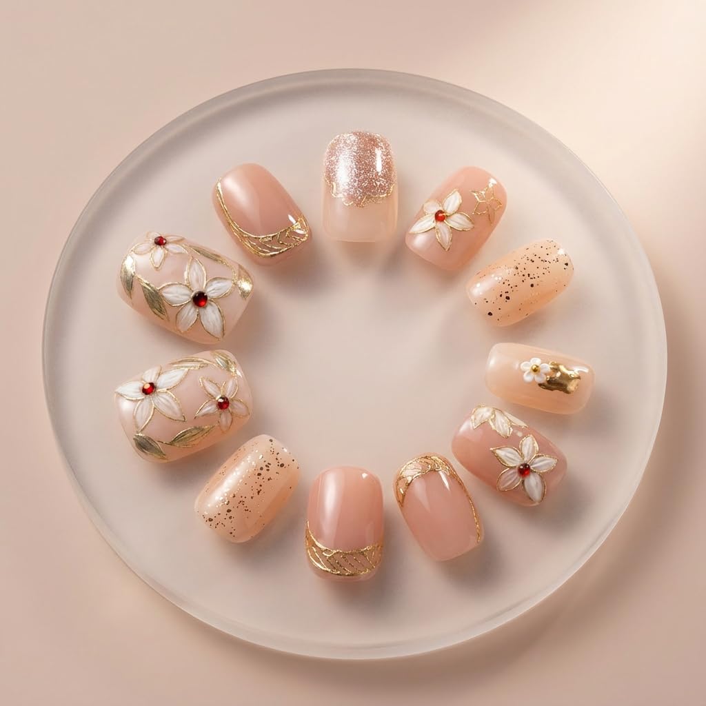 Galactic Bloom - Handmade Short Coffin Press on Nails Pink Nude Fake Nails with Blossom Design 10Pcs Size L Complete Kit Press Ons - Eli Miré