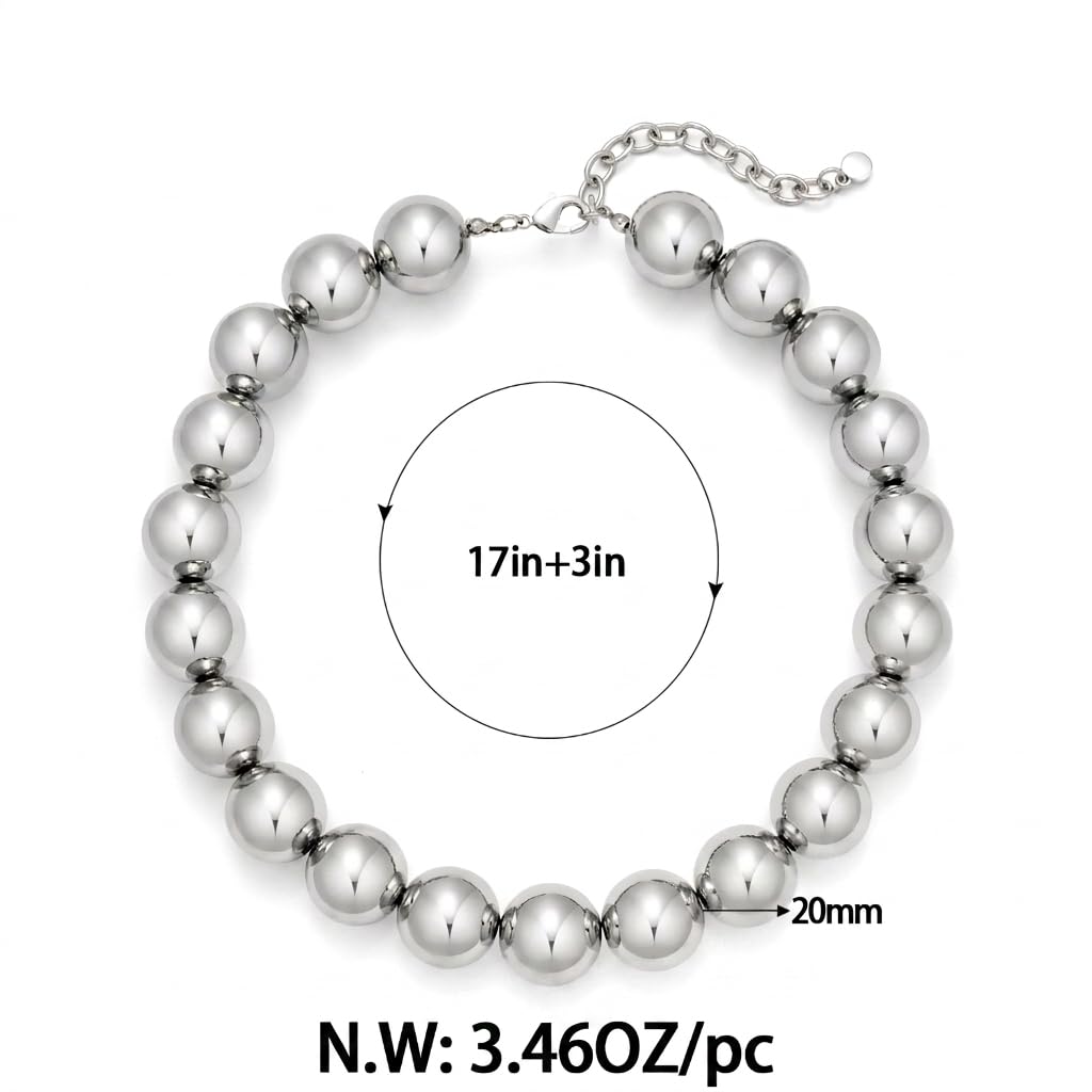 FAUTHENTICUTE Chunky Silver Beaded Choker Necklace for Women Adjustable Collar with Large Silver Beads Trendy Statement Necklace Boho Summer Beach Jewelry Gifts