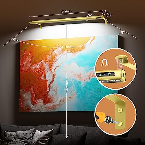 Battery Operated Wireless Picture Light，Rechargeable/Plugged in 31.5inch Painting Display Light,Remote Control Wall Lights with Three Modes and Timing for Art Frame (2 Gold) - color: 2 Gold