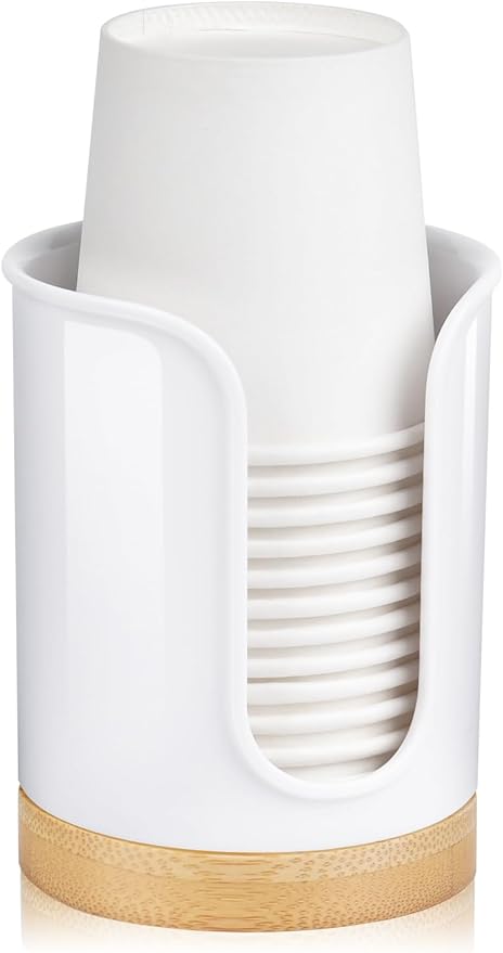Bathroom Cup Dispenser Countertop - Cup Holder for Dixie 5 6 oz Cups, Guest Bathroom Essentials Vanity Organizer - PC/Bamboo, White, Pack of 1