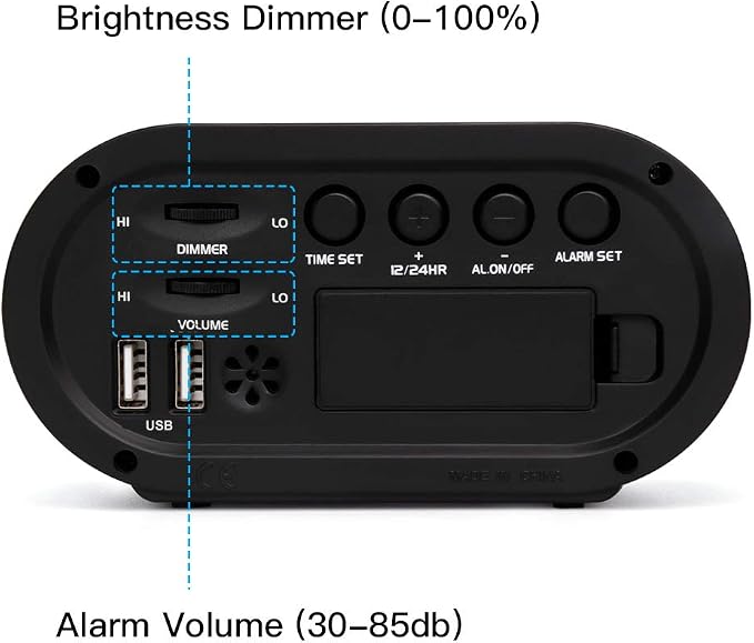 REACHER Small Dimmable LED Digital Alarm Clock with USB Charger
