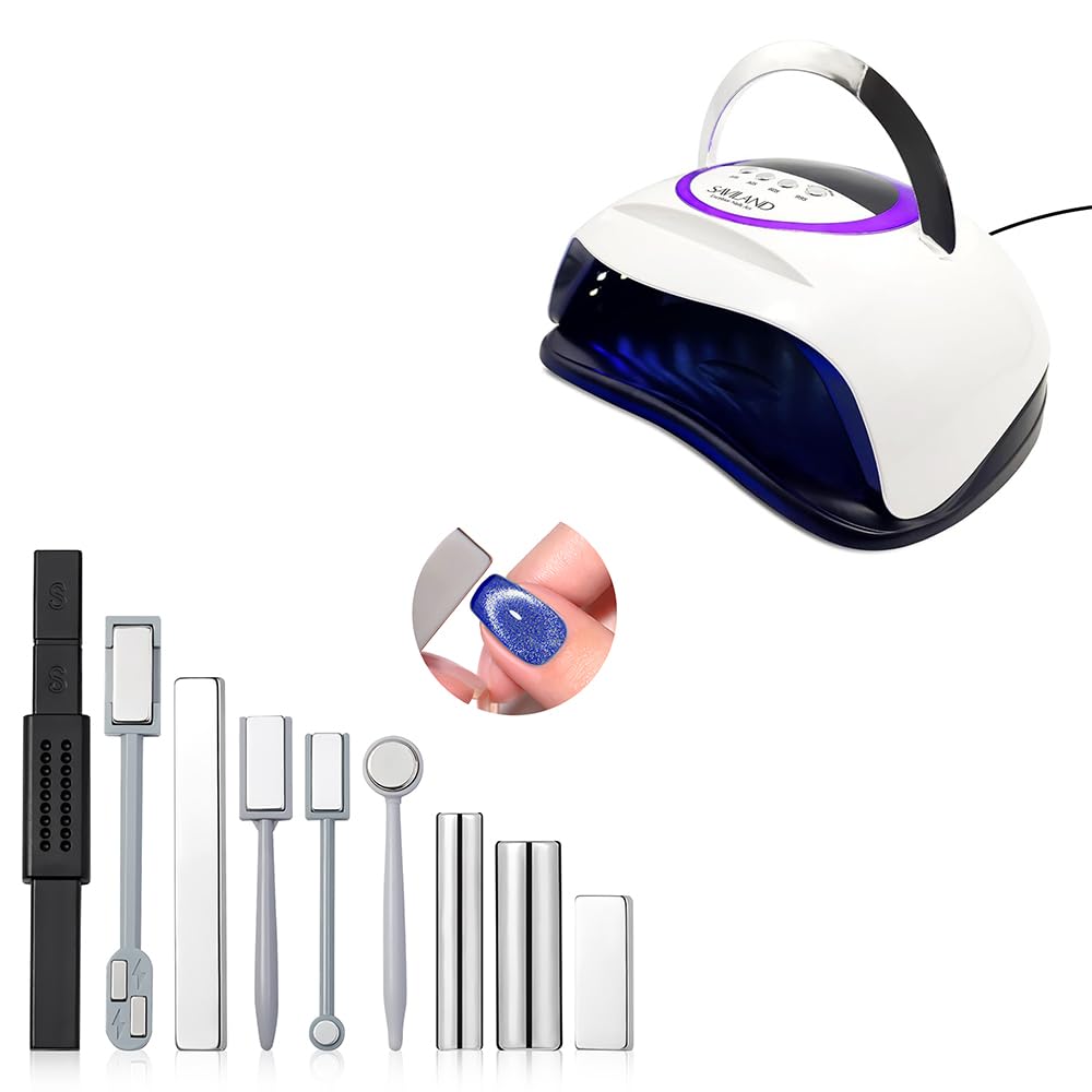 SAVILAND Cat Eye Magnetic for Nail: 9PCS Cat Eye Gel Nail Polish Magnet Tools Set Strong Suction 300W U V LED Nail Lamp: Motion Sensor Nail Dryer Super Fast Curing U V Light for Gel Nails wit