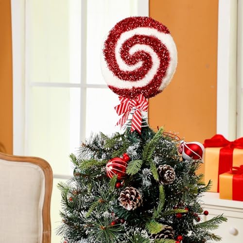 Gejoy Christmas Tree Topper Red Peppermint Candy Cane Bow Tree Topper 10.7 Inch Red and White Sparkling Candy Lollipop Xmas Toppers Christmas Ornament Decorations for Holiday Decor(Classic)