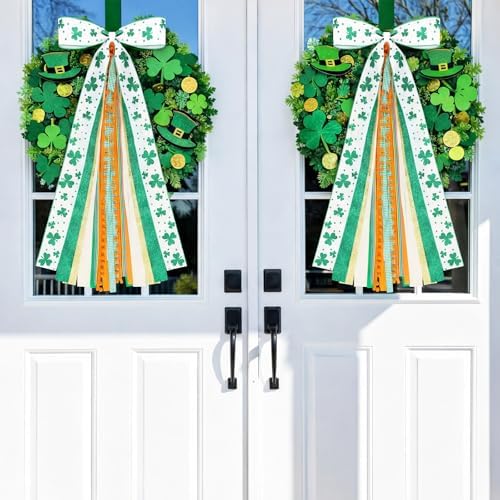 2 Pcs St Patricks Day Clover Ribbon Bow for Wreath Sash for Front Door