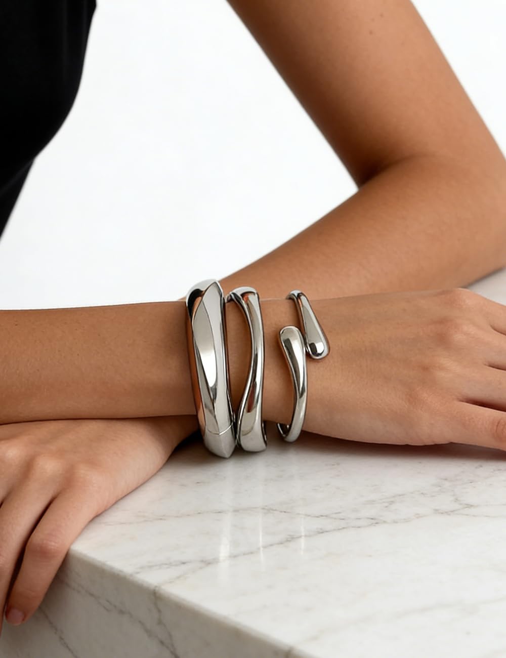 Chunky Gold Bangle Bracelets for Women, Dainty 14k Gold Plated Big Stackable Bangles Set, Trendy Statement Cuff Bracelet Stack Summer Beach Jewelry Gifts (Silver)