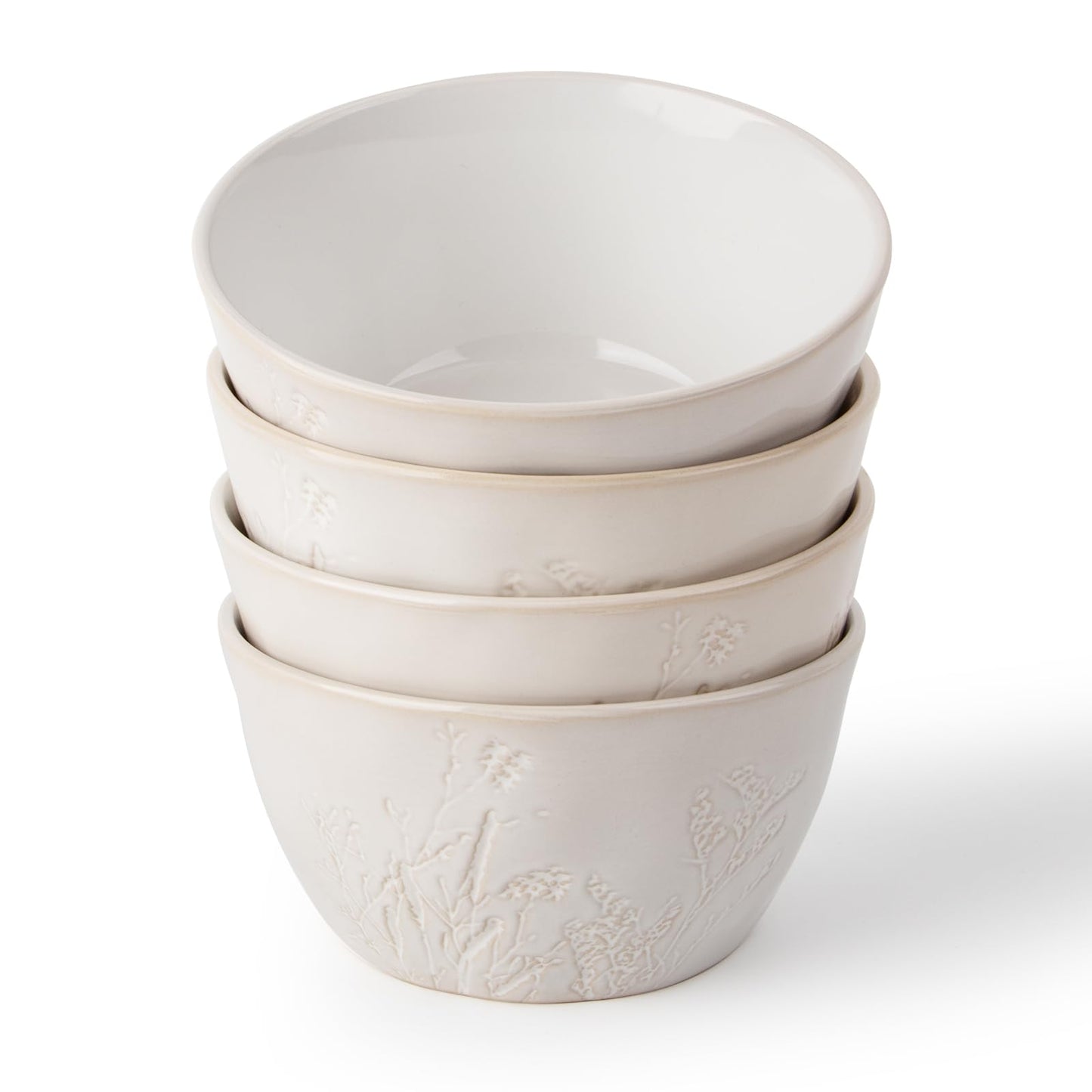 DOWAN 32 OZ Bowls, Soup Bowl Set of 4, Large Ceramic Bowls for Soup, Cereal, Pasta Bowls, Embossed Floral Design, Stackable, Microwave & Dishwasher Safe, for Ramen and Salad