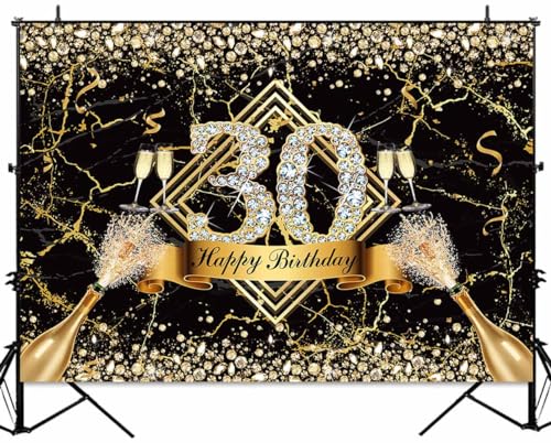Sensfun Black Gold 30th Birthday Backdrop 30 Years Old Happy Birthday Decorations Banner for Women Diamond Thirty Birthday Party Suppiles Marble Champagne Photography Background Photoshoot Prop 8x6ft - size: 8x6ft