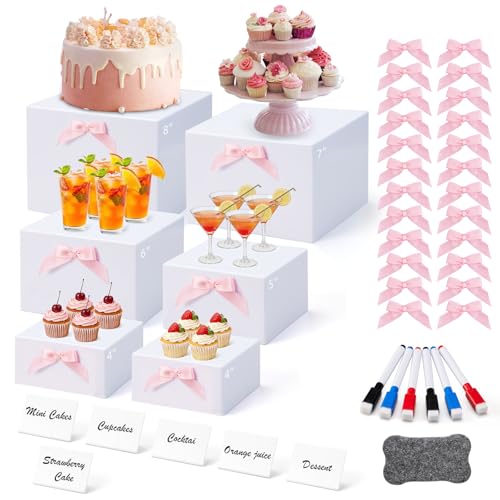 6 Pcs Buffet Risers, Acrylic Risers Display Stands for Buffet Table with Bow/Mini Sign/Marker/Mini Eraser, Hollow Bottom Nesting Cube Food Display Stand for Party Catering Dessert(8",7",6",5",4",4")