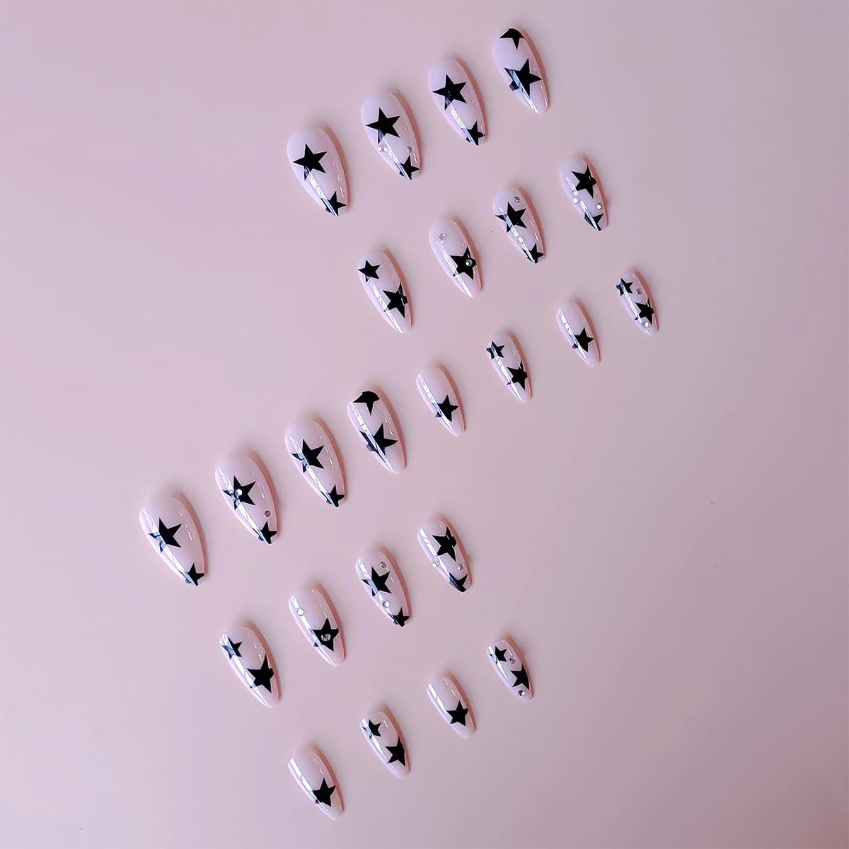 Black Star Press on Nails Medium Almond Fake Nails Nude Pink with Rhinestone Design Stick on Nails Full Cover Acrylic Nails Star False Nails Glitter Luxury Glue on Nails for Women DIY Manicure 24Pcs