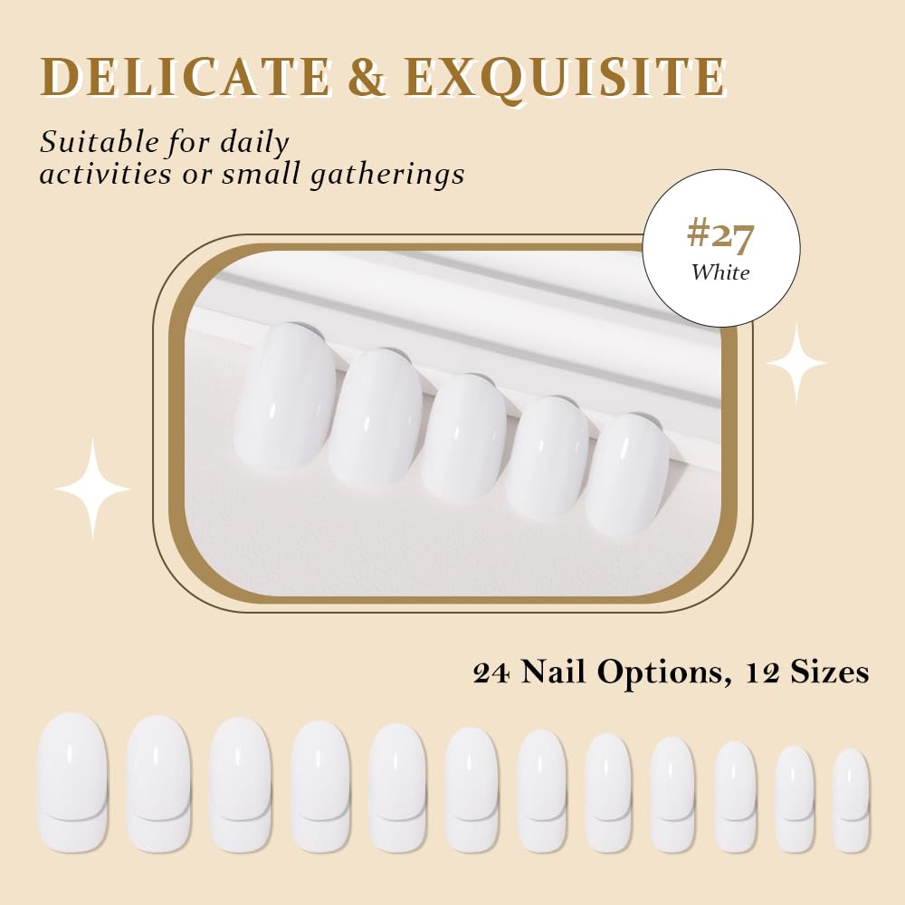 evpct White Glossy Press on Nails Oval Medium for Women Gift, Medium Oval White Fake Nail with Nail Kit Manicure Kit, Soft Gel Full Cover Reusable Stick on Soft Acrylic False Nails Perfectly Fit