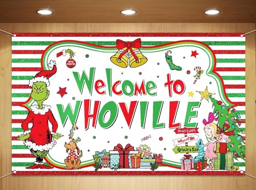 Sunwer Welcome Xmas Photo Booth Backdrop Green Christmas Winter Holiday Party Decorations Home Indoor Outdoor Wall Hanging Banner (White-A, 5.9×3.6ft) - size: 5.9×3.6ft