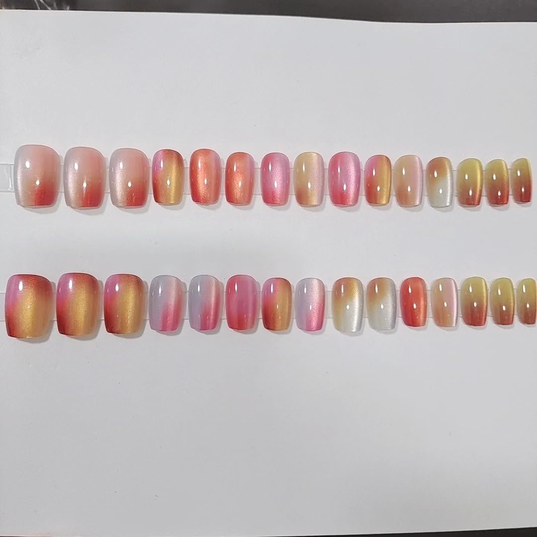 Square Press on Nails Short Colorful Fake Nails Rainbow False Nails for Ca Eye, Ombre Press on Nails with Desins Gradation Glitter Glue on Nails for Women Girl 24Pcs