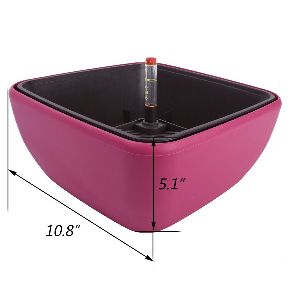 Vencer 10.8 Inch Plastic Square Self Watering Planter,Water Indicator,Ceramsite,Modern Decorative Planter Pot for All House Plants Flowers,Herbs,Vegetables,Tropical,Rose Red,VF-049R