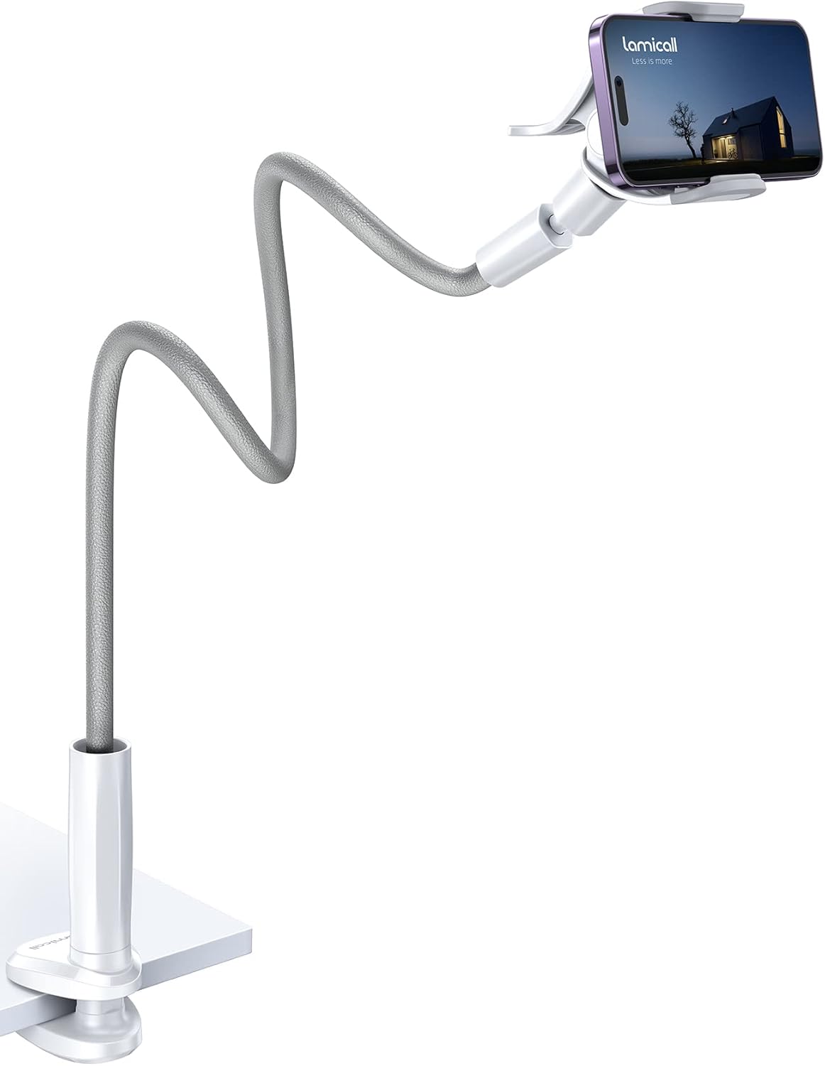 Lamicall Phone Holder Bed Gooseneck Mount, Cell Phone Clamp Clip for Desk, Flexible Long Arm Headboard Bedside Lazy Bracket, Overhead Table Stand Grey