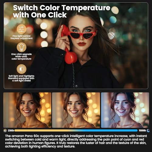 Amaran Pano 60C RGBWW Video Panel Light,Color Temperature 2500K-7500K,60W,CCT 2,300K-10,000K,12 Lighting Efects,App Control,Support USB-C PD,with Softboxes and Carrying Case (Amaran Pano 60c)