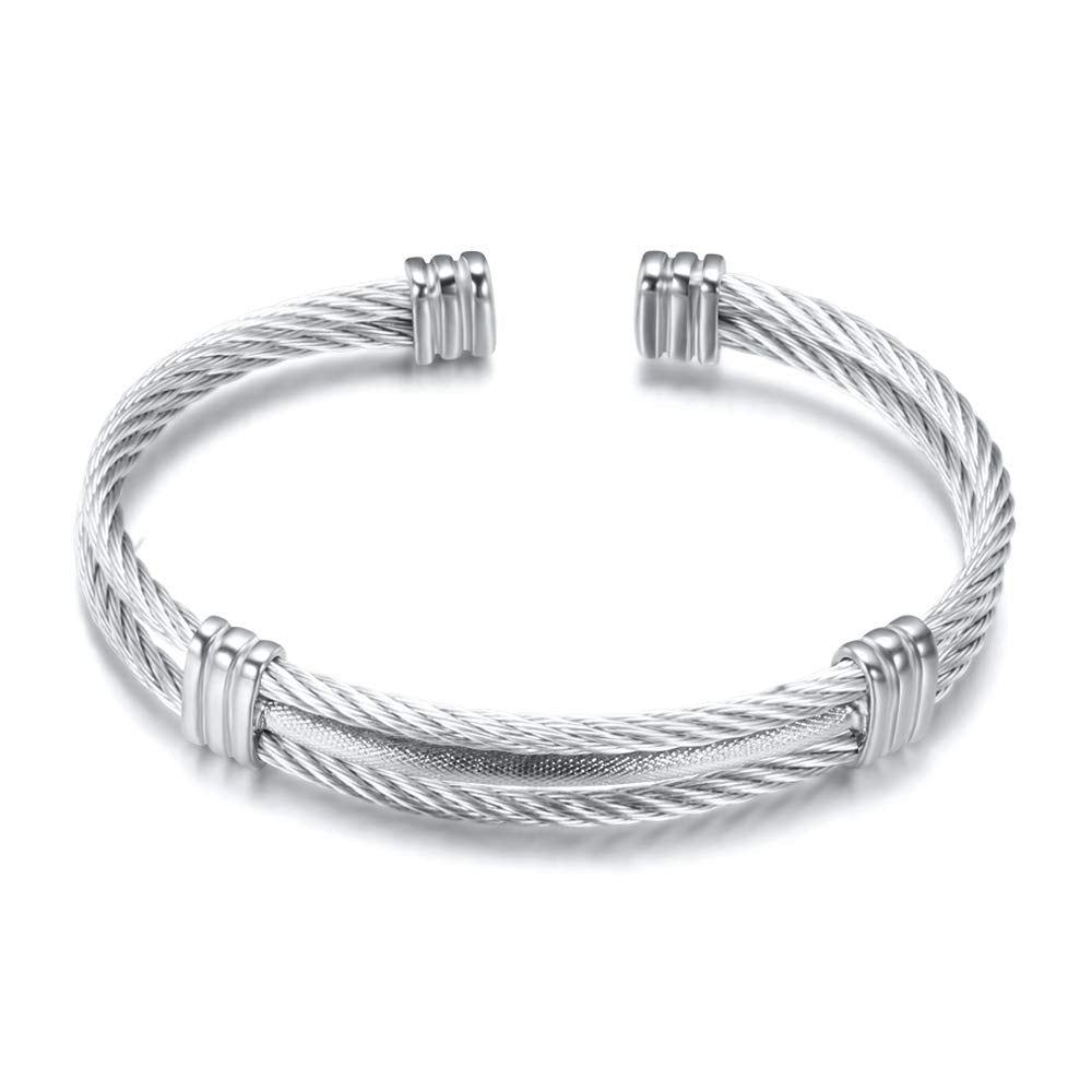 LXBQYSTO Cable Wire Twisted Cuff Bangle Bracelet For Women 14K Gold/rose/silver Stainless Steel Jewelry for Women Gift (Cuff-Silver)
