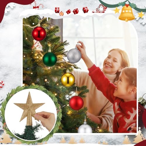 RoundFunny 25 Pcs Mini Christmas Balls Ornaments Set 2.36 Inch Christmas Day Ball Topper Star Tree Hanging Ornaments for Party Decoration(Classic Colors)
