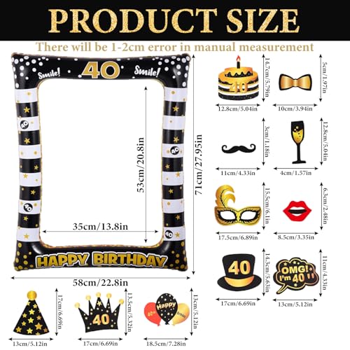 40th Birthday Photo Booth Props, Black Gold Inflatable Photo Booth Frame, 30PCS Photo Booth Props for Party Selfie Party Decorations and Gifts - size: 40th Birthday Inflatable Frame