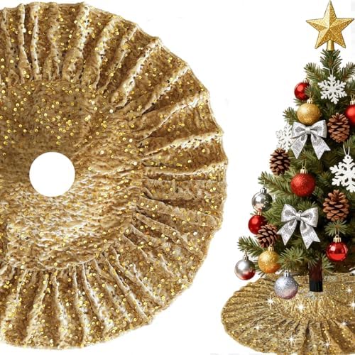 Gold Christmas Tree Skirt Mini 24 in Velvet Ruffled Tree Skirt