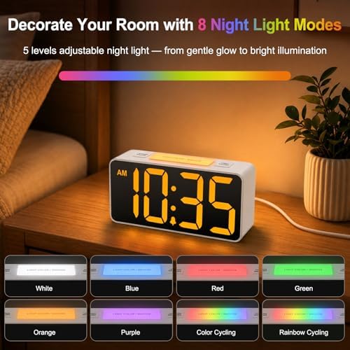 DreamSky Small Digital Alarm Clock with Night Light for Kids Bedroom | RGB Desk Clock with Large Numbers for Teens Boys, Brightness Dimmer, Adjustable Alarm Volume, USB Port, USB-C Adapter Powered