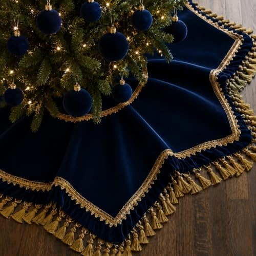 Roowest 48 Inch Navy Blue Christmas Tree Skirt Velvet, Octagon
