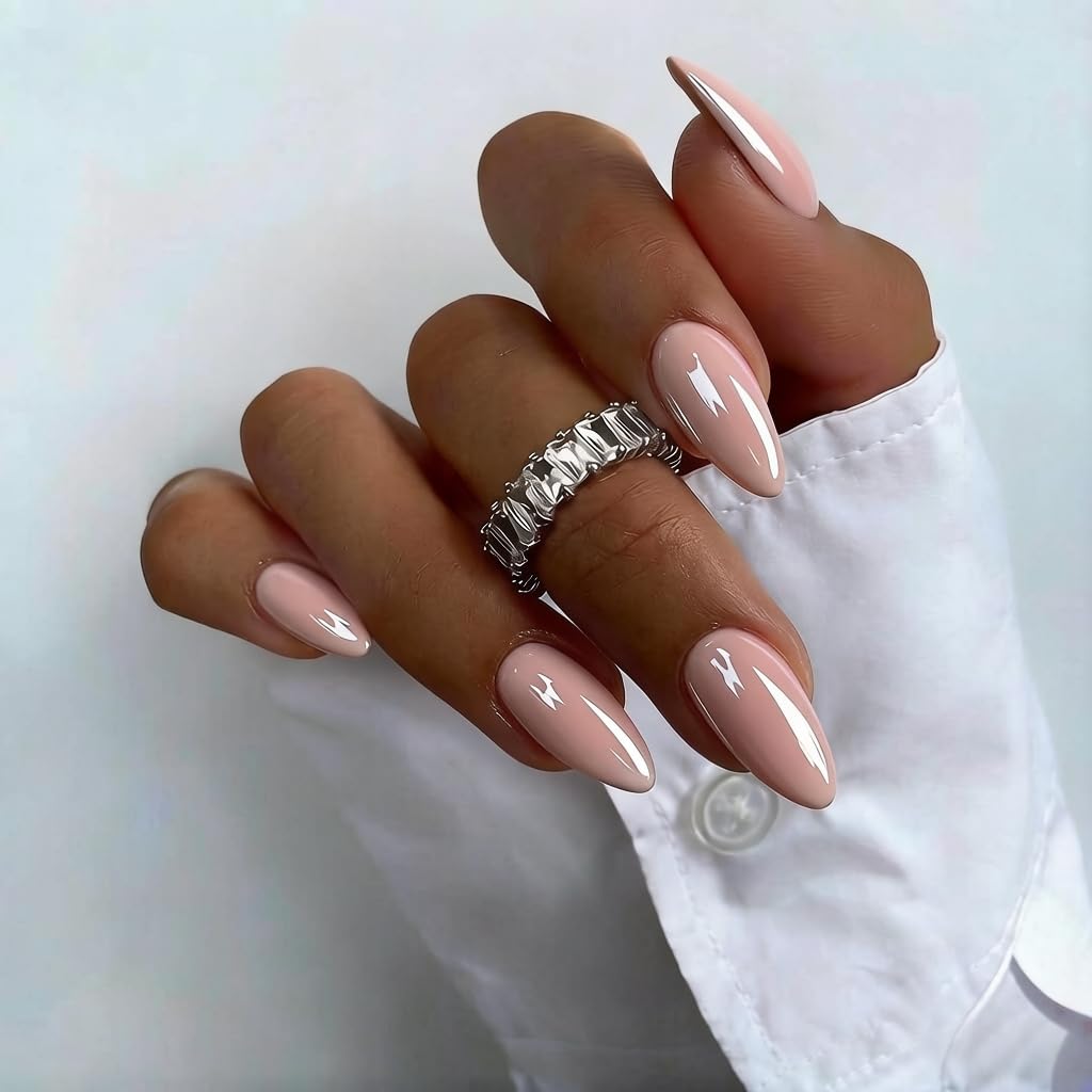 Flesh Pink Press On Nails Almond - KQueenest Chrome Press On Nails Medium, Pearlescent Peach Fake Nails Press ons, Glitter Glue on Nails Medium Stiletto, Glazed Gel Stick On Nails for Women, 24 Pcs