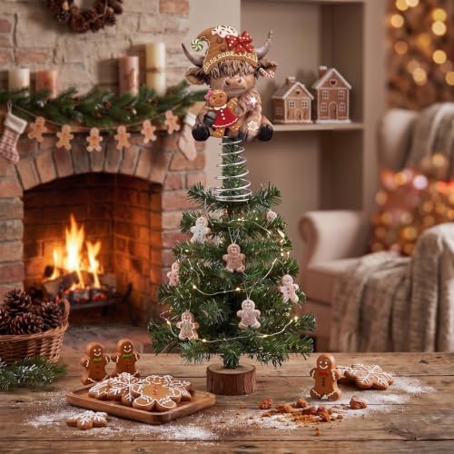 Gejoy Gingerbread Man Highland Cow Miniature Tree Topper, 5.1 Inches Mini Resin Cattle Topper Decorations for Rustic Home Farmhouse Holiday Accents Party Decor, Fall Thanksgiving Xmas Gift Ideal