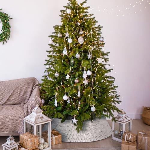 Preboun 40" Boho Farmhouse White Woven Christmas Tree Skirt - Rustic Base Cover for Christmas Tree Decoration