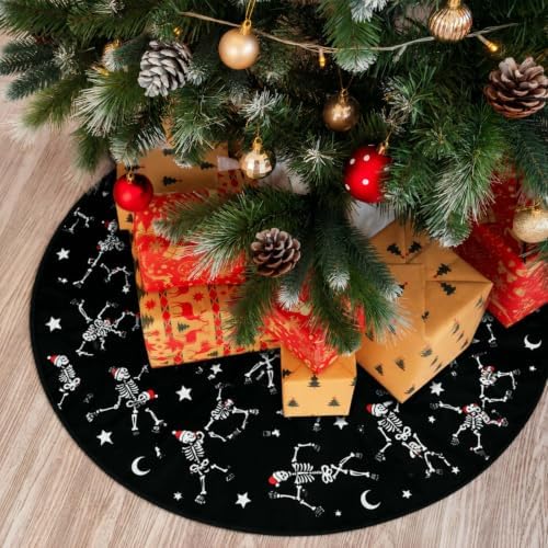 Arrowbash 48 Inch Gothic Christmas Tree Skirt Black White Dancing Skeleton