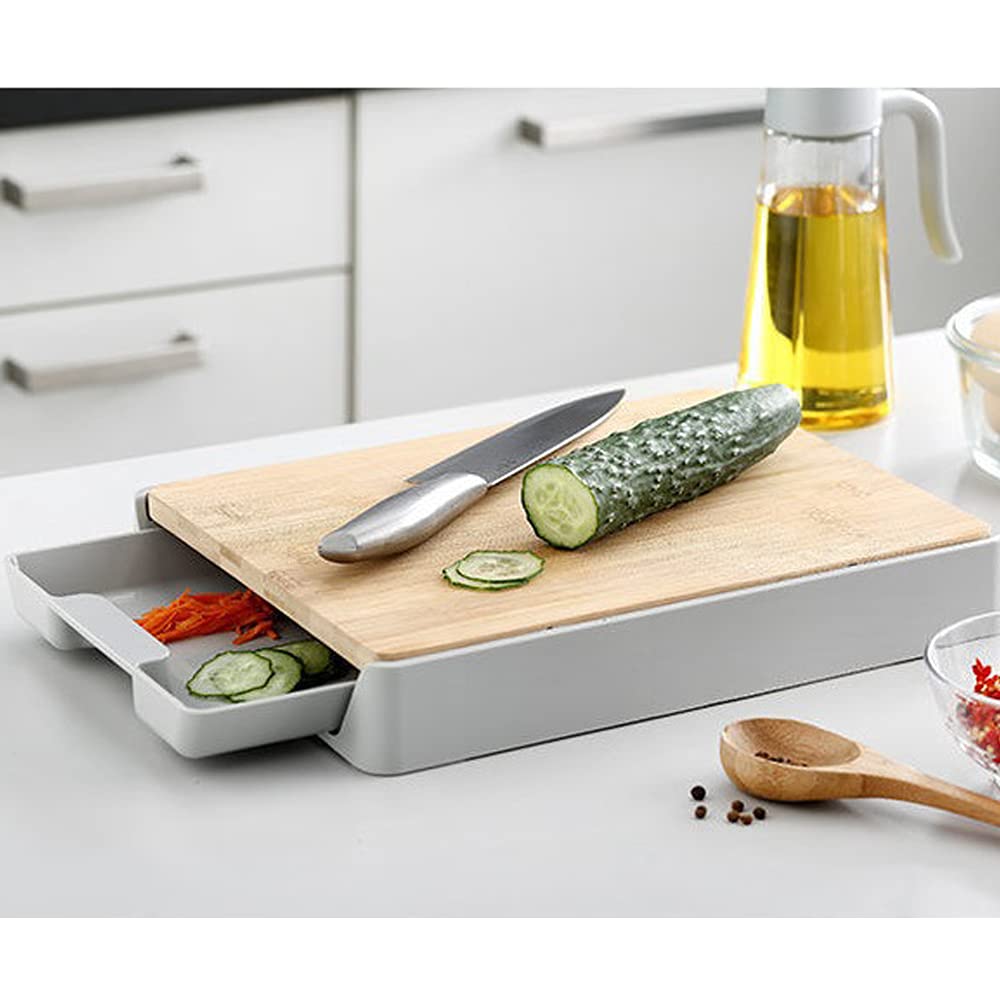 Cutting Board with Base Tray,Kitchen Bamboo Platter Great Gift for Mother’s Day,Multi-Function Pull-Out Cutting Board,Anti-Skid And Hangable