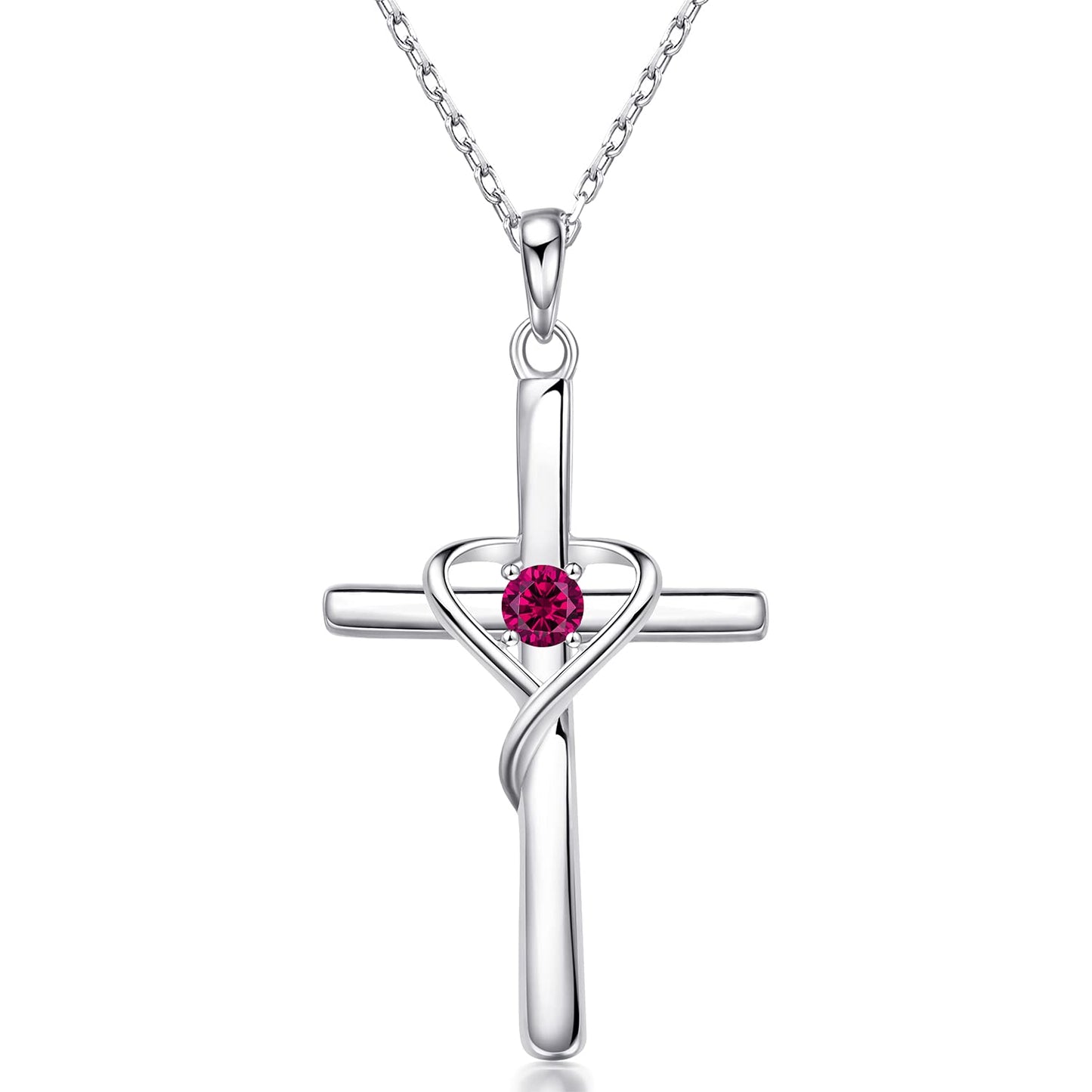AmorAime 925 Sterling Silver Cross Necklace for Women Men 14K Gold Plated 5A CZ Birthstone Necklaces for Holiday (G.Dark Red-July-Ruby)