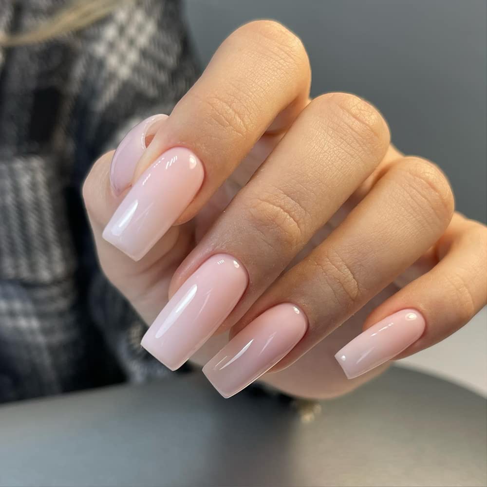 Xcreando Baby Pink Press On Nails Medium Long Square Coffin, Acrylic Glue On Nails, Solid Color Fake Nails for Women, Natural Thick Artificial Stick On