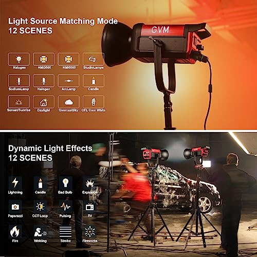 GVM 200W LED Video Light, 2700K-6800K Continuous Output Lighting LED COB Light with DMX/Bluetooth App Control, YouTube Studio Light for Film Recording Photography, CRI 97+ - size: 200W