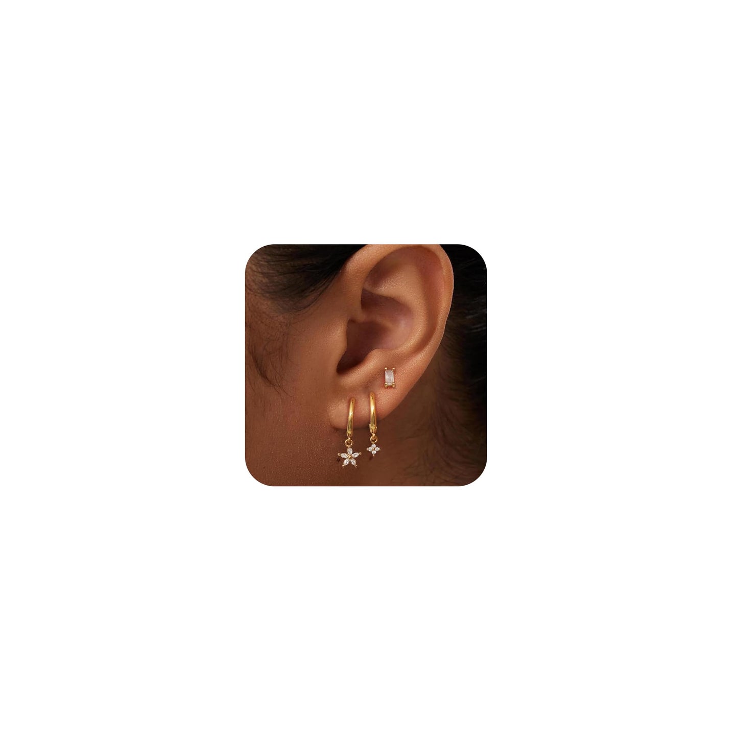 SELFROSE Gold Earrings For Women, Dainty Huggie Earrings Stack 14K Gold Plated Flower Dangle Earrings for Women Trendy Cute Hypoallergenic Unique Gold Earring Stack Fashion Gold Jewelry Gifts