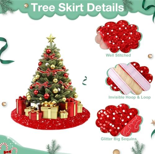 Red Christmas Tree Skirt Velvet 48 Inch Sequin Round Tree Skirts for Artificial Tree Large Sparkly Christmas Red Tree Skirts Xmas Tree Skirt Party Ornaments for 7.5ft Christmas Tree Decor