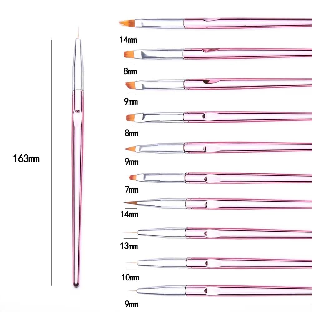 DAIXIANGER 10Pcs Pink Nail Art Brush Set, Professional Liner, Builder Gel & French Tip Brushes for Salon & DIY Manicure, UV Gel Application Tools for Precision Detail, Nail Extension & Ombre Designs