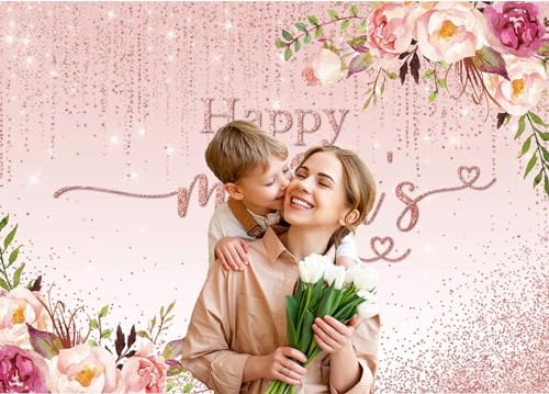 Mocsicka Mothers Day Backdrop Banner 7x5ft Pink Floral Happy Mothers Day Backdrop Decorations Thanks Mother's Day Photo Background Banner Party Decorations - size: 7x5ft