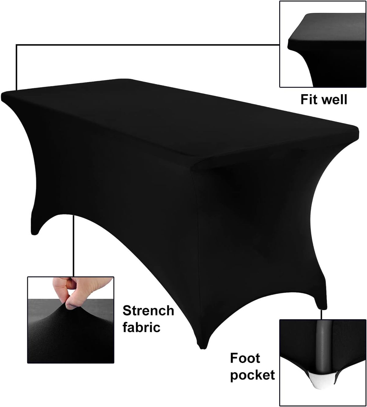 2Pack Spandex Waterproof Rectangular Table Covers, 6FT, Black, Stretchable, Stain Resistant, All-Season, Tablecloth for Party, Wedding, Banquet, Events