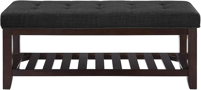 24KF Large Rectangular Upholstered Tufted Linen Ottoman Bench, Padded Bench with Solid Wood Shelf-Dark Gray