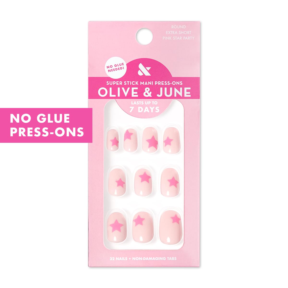 Olive & June Classic Super Stick Mani Press On Nails | No Glue Needed | 32 Tab Nails 16 Sizes | Non-Toxic Tabs Non-Damaging 7-Day Wear | Spring Flowers & Patterns | Extra Short, Round |Pink Star Party