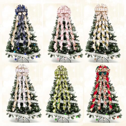 Christmas Tree Topper Bow, 13" Large Gold White Glitter Ribbon Bow with Snowflakes Print, Elegant Xmas Tree Top, Long Wired Ribbon, Decoration for New Year Holiday Party & Farmhouse Decor