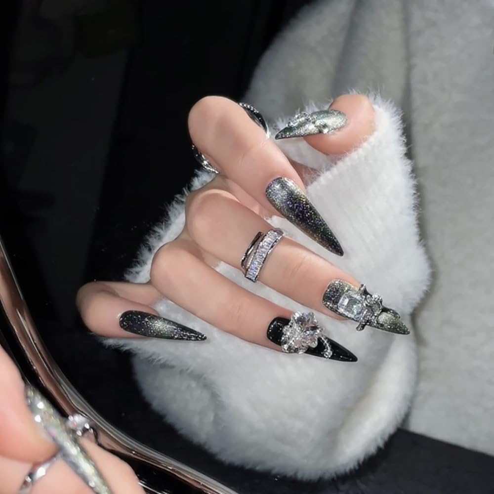 JIEADJIE Press On Nails (100% Handmade),Length Version,Handmade Painted Nail Art by Nail Technician,Luxury Party and Holiday Styles (Black Flash Silver, Medium)