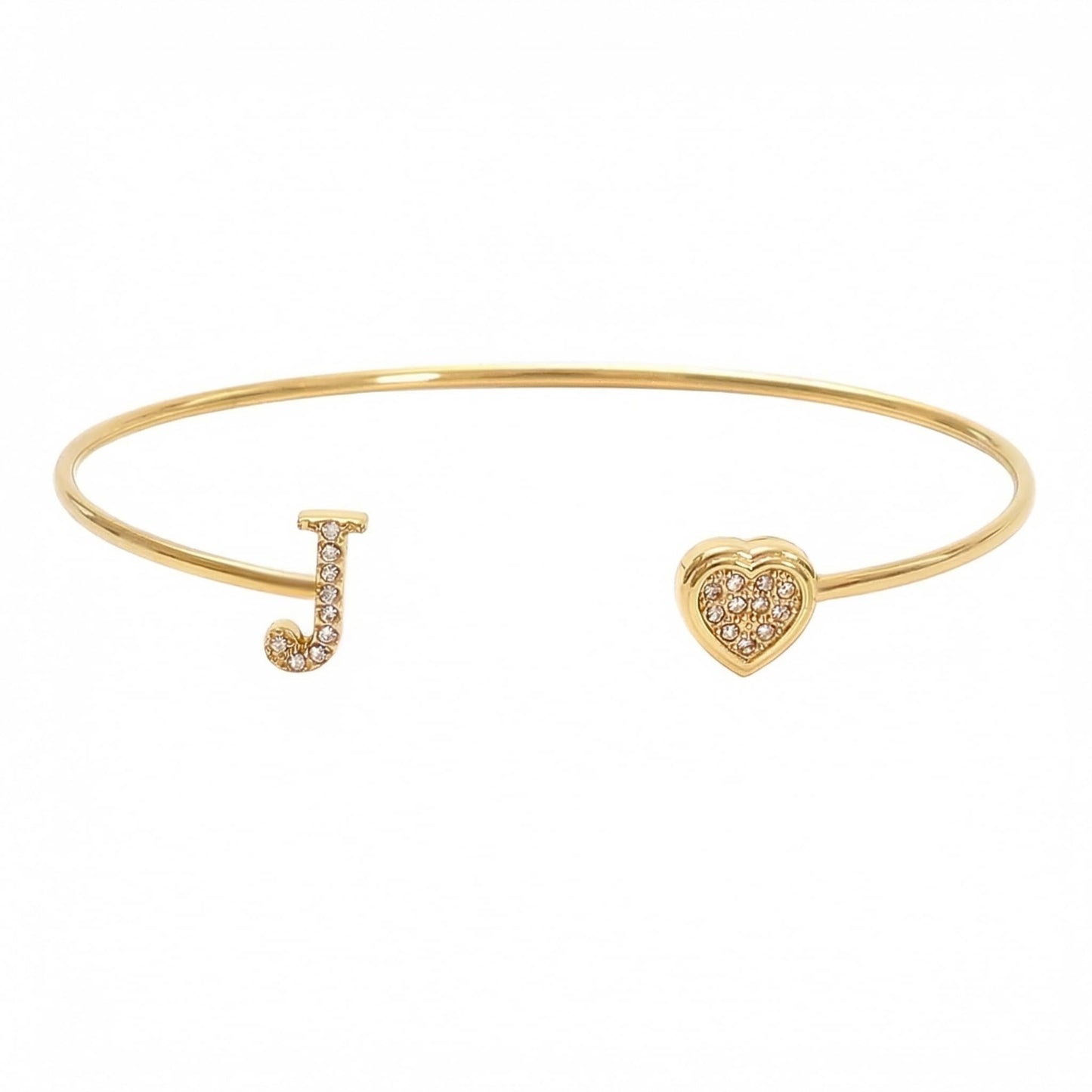 BXDA Trendy Gold Plated Heart Initial J Cuff Bangle Bracelet for Women, Handmade Statement Cubic Zirconia Stackable Open Letter Bracelets Fashion Jewelry Accessories Gift