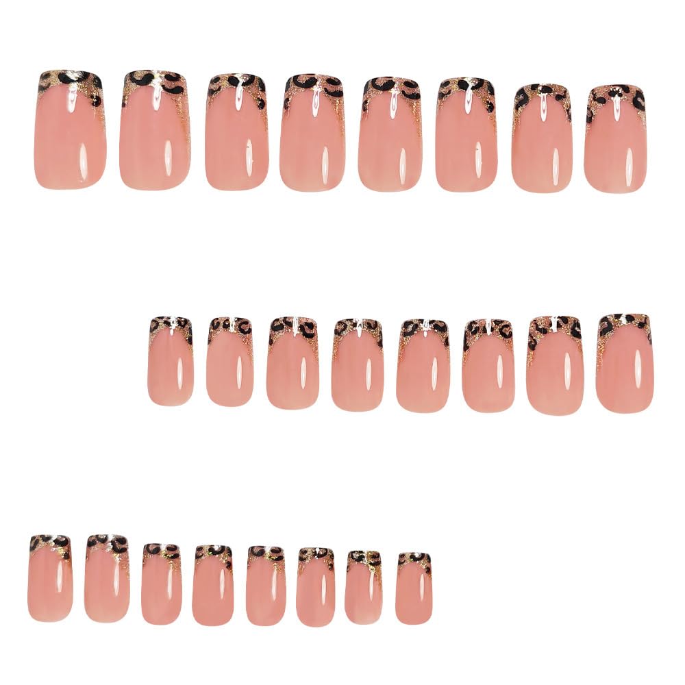 French Tip Press on Nails Short Square Fake Nails with Leopard Print Designs Glossy Glue on Acrylic Nails Nude Pink False Nail Press ons for Women 24Pcs