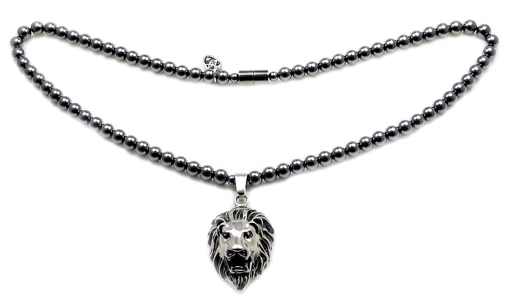 Accents Kingdom Men's Hematite Therapy & Healing Stone Round Bead Necklace With Stainless Steel Lion Head Pendant 18"