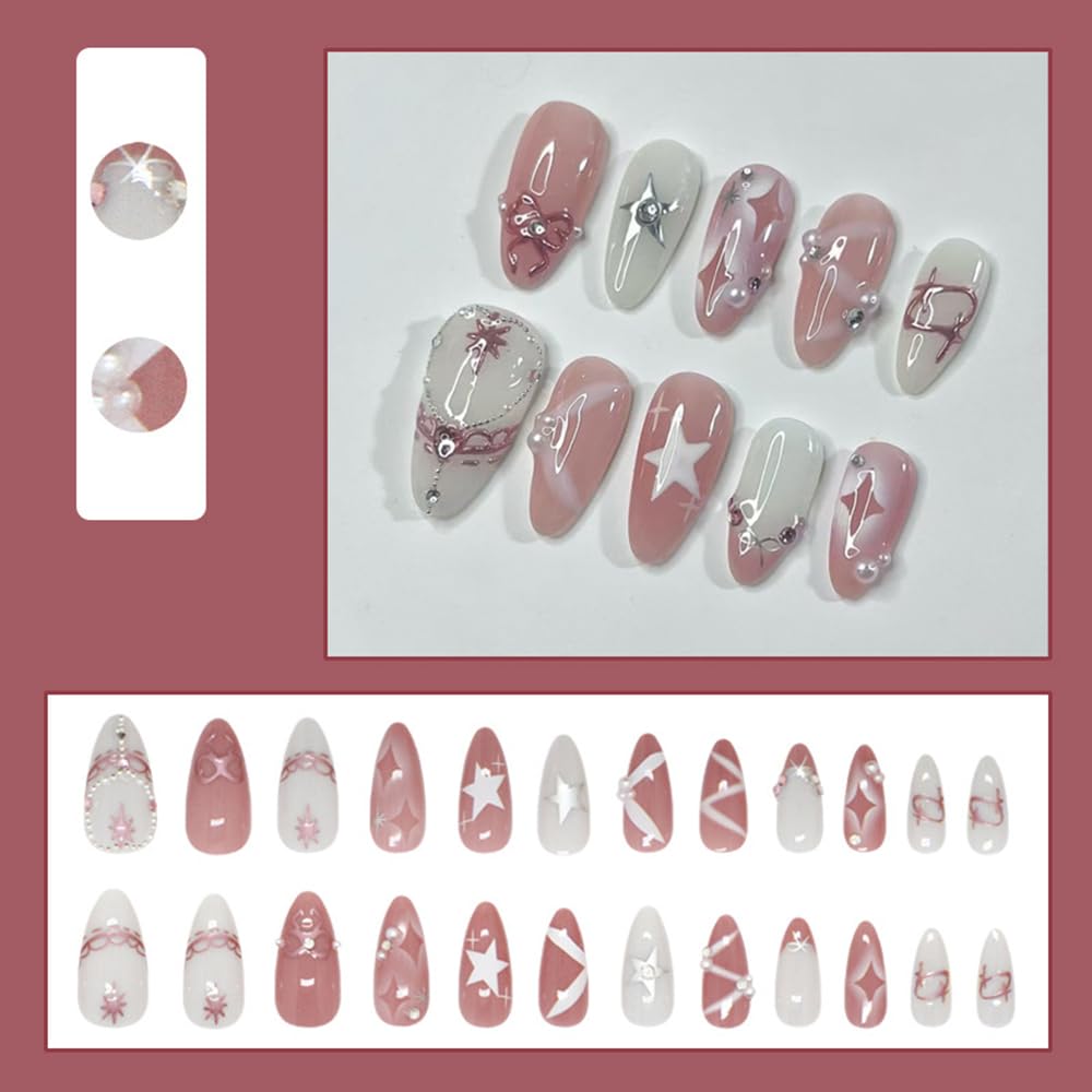 24 Pcs Pink White Press on Nails Short Almond,MINGCHUN Fall Fake Nails Press ons Acrylic Nail Art Tips Kit Full Cover False Nails Glue on Nails with Rhinestone Bow Starburst Glitter Design for Women