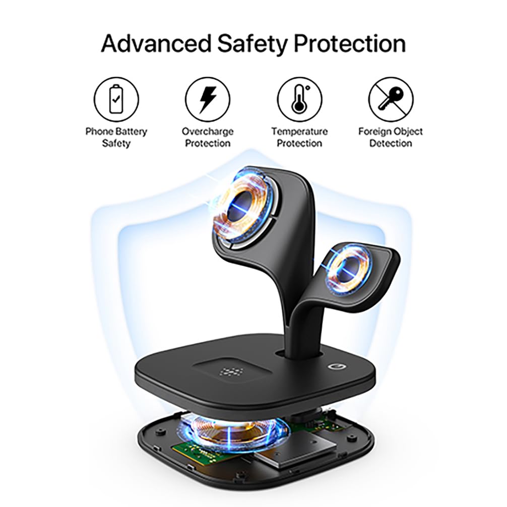 EXW Wireless Charging Station for Magsafe Charger,Charging Station for Multiple Devices,Wireless Charger for iPhone 17 Air 16 15 14 13 12,Apple Watch,AirPods with LED(Black)