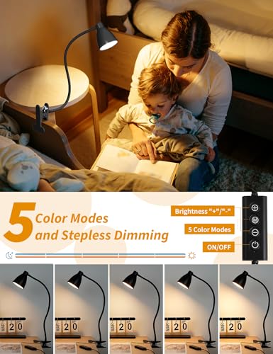 BOHON Desk Lamp 5 Color Modes 10 Brightness Dimmer Reading Light 10W 38 LED Clamp Lamp with Auto Off Timer 360° Flexible Neck Clip on Light for Bed Bedside, AC Adapter Include - color: Black