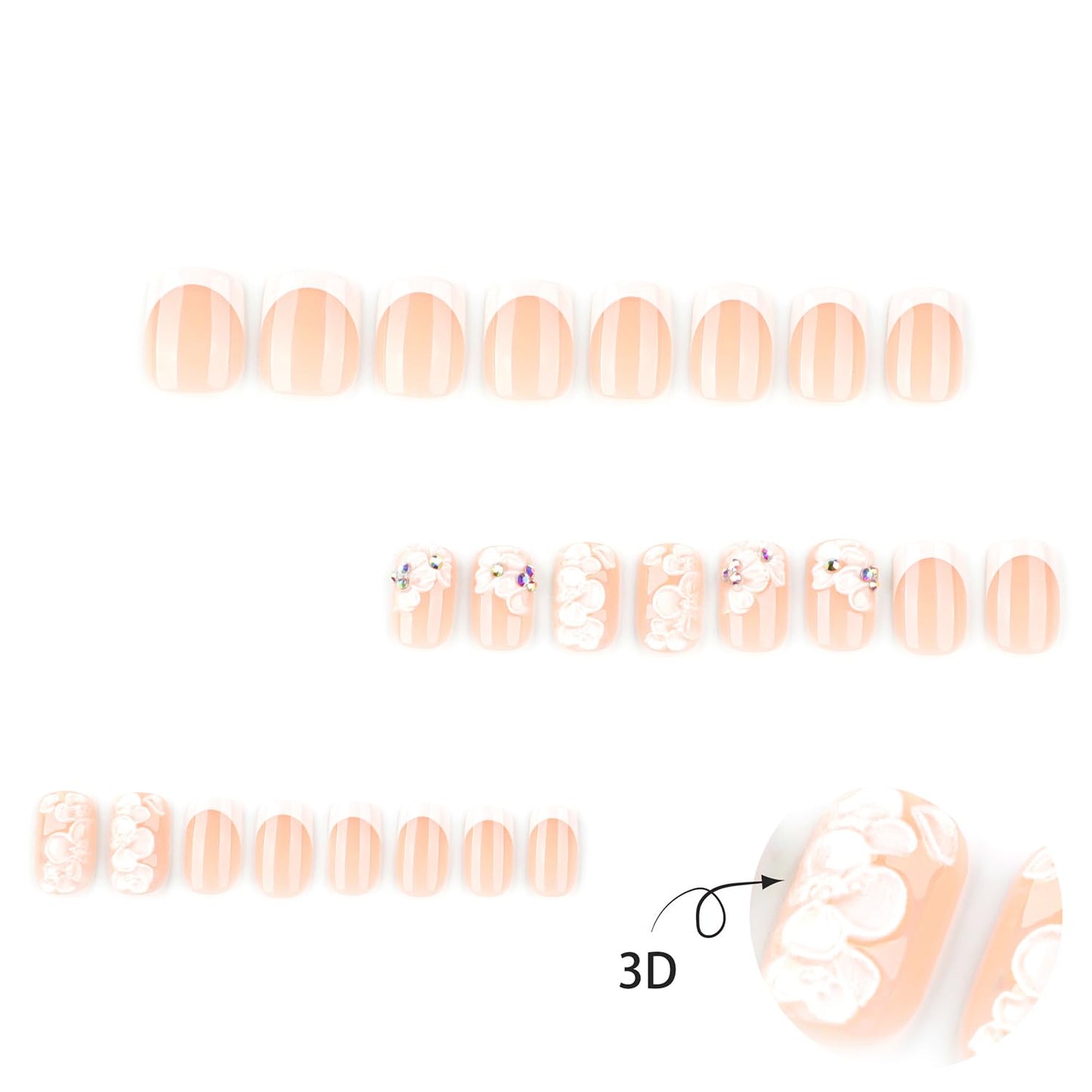Handmade Press on Nails Extra Short Square MABKJLF White French Tip Fake Nails Embossed Flower False Nails with Floral Designs Full Cover Glossy Glue on Nails Acrylic Nails for Women Girls 24 Pcs