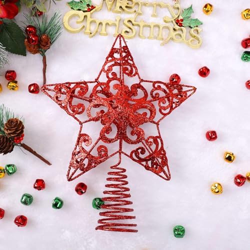 Aneco 10 Inches Metal Glittered Christmas Tree Topper Star Treetop Decoration for Christmas Home Decor, Red
